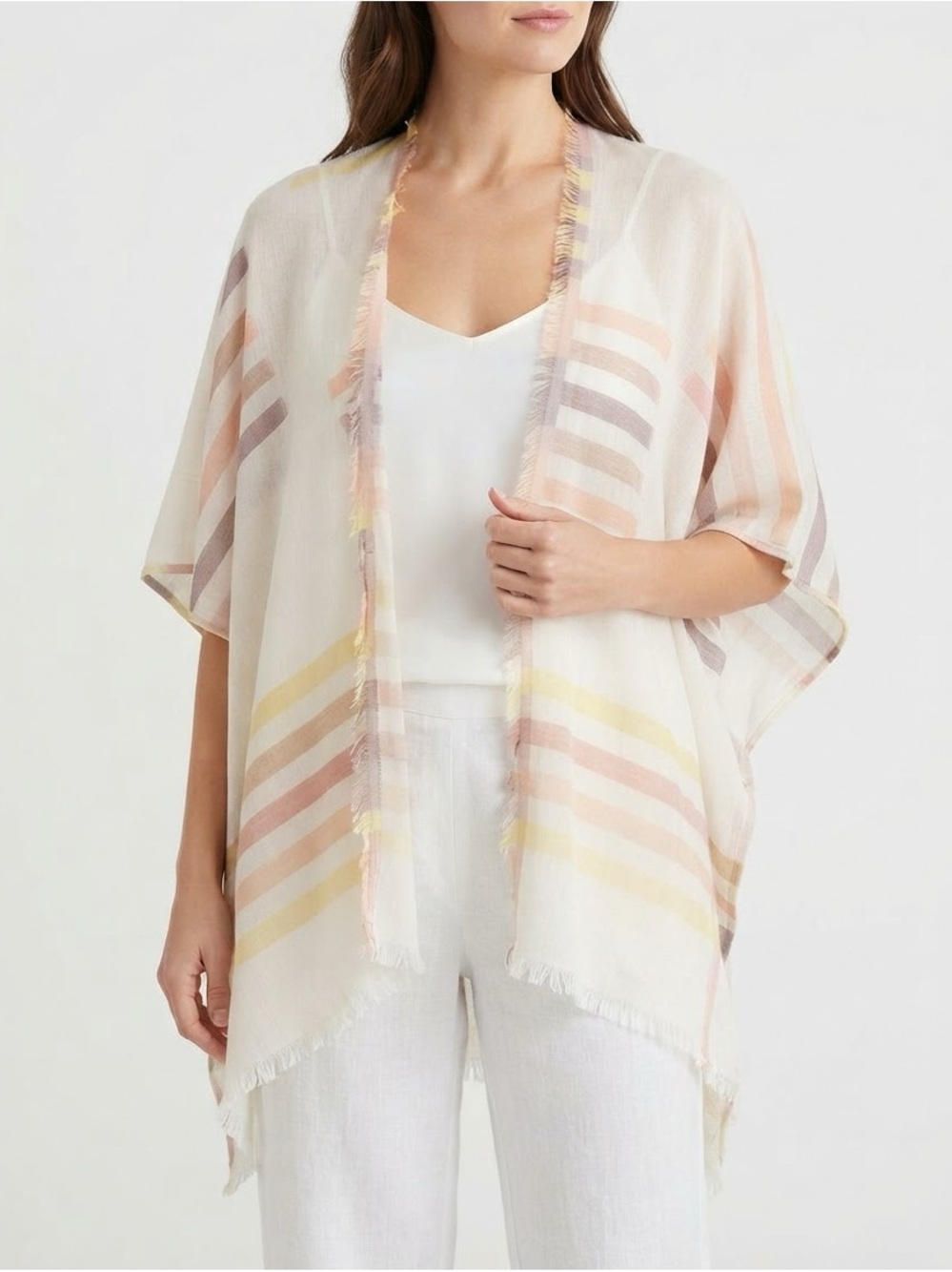Sheer Fringe Open-Front Kimono Poncho - Cream Sand Peach Mauve Pastel Stripes